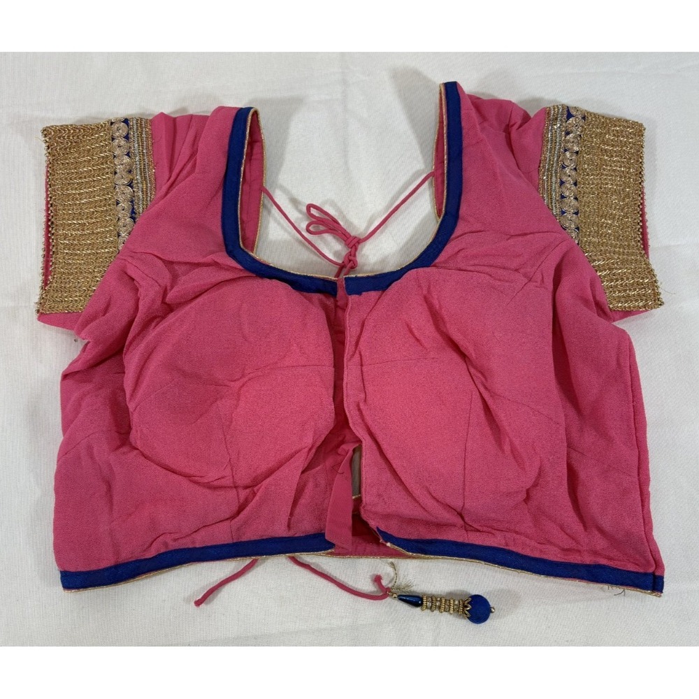 Sari Saree Pink Blouse Indian Crop Top Choli Sleeveless Gold Blue Trim FLAWS